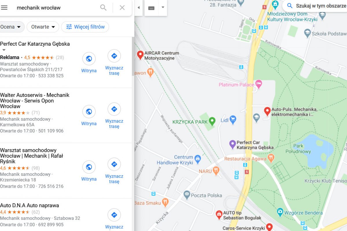 pozycjonowanie lokalne Toruń - przykład Google Moja Firma